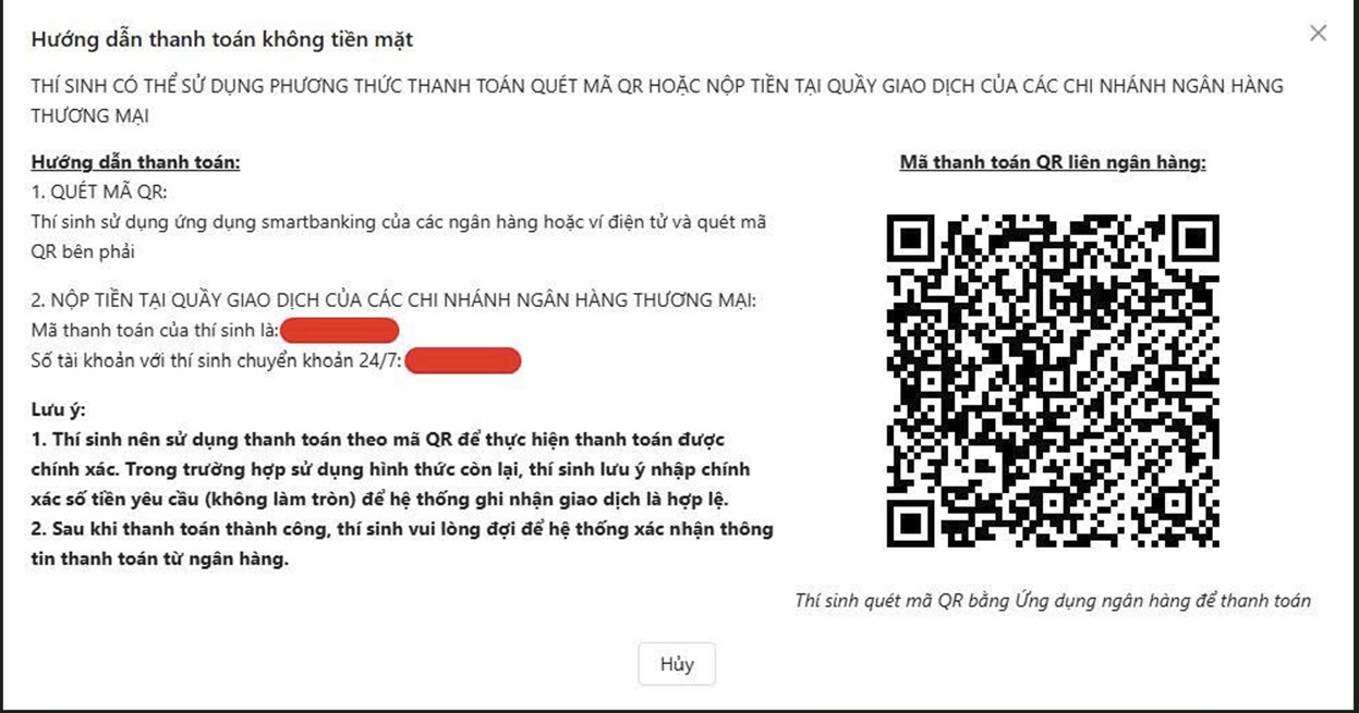 Hình 12: Màn hình chi tiết thông tin Mã thanh toán của thí sinh